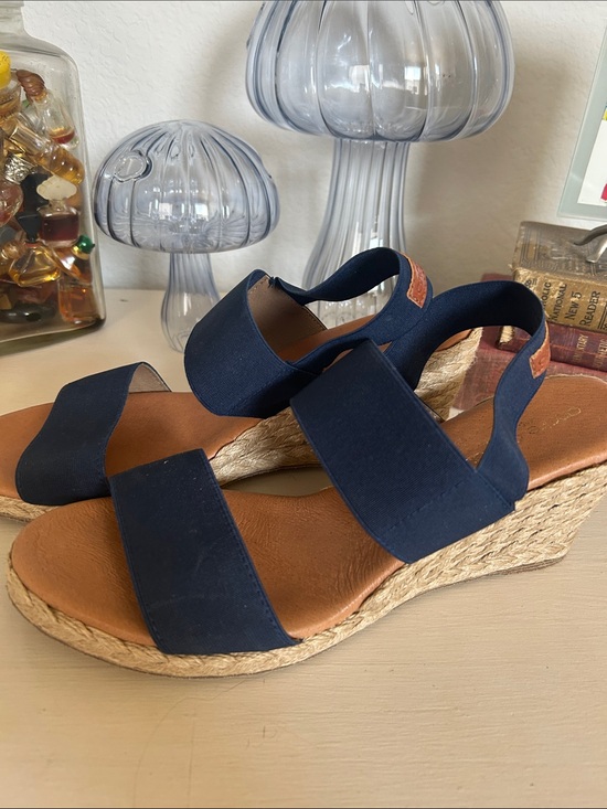 Andre Assous Shoes - Andre Assous Navy Elastic Strap Espadrille Wedges with Tan Footbed